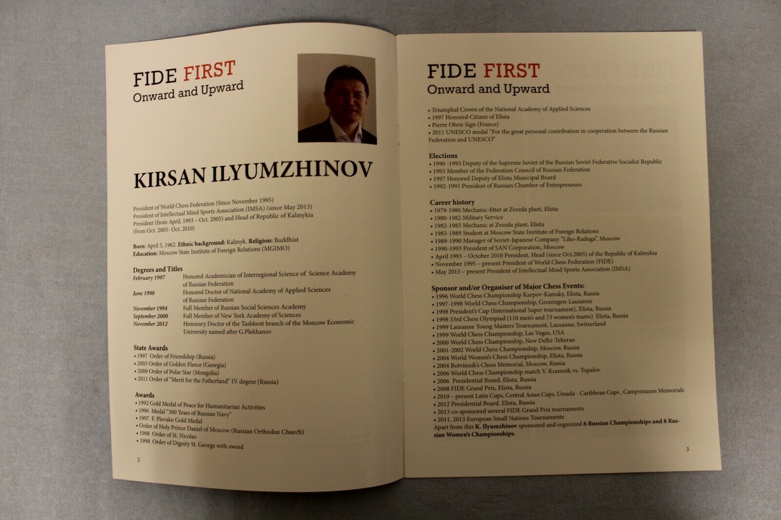 10688.2 Grand Booklets about Kirsan Ilyumzhinov. FIDE First Onward and Upward
