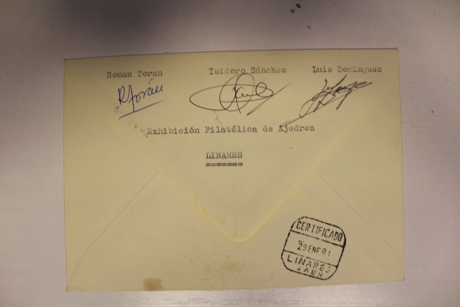 11152.Chess Envelope & Certificate to Pischenko signed by Toran, Sanchez. Linares 1981